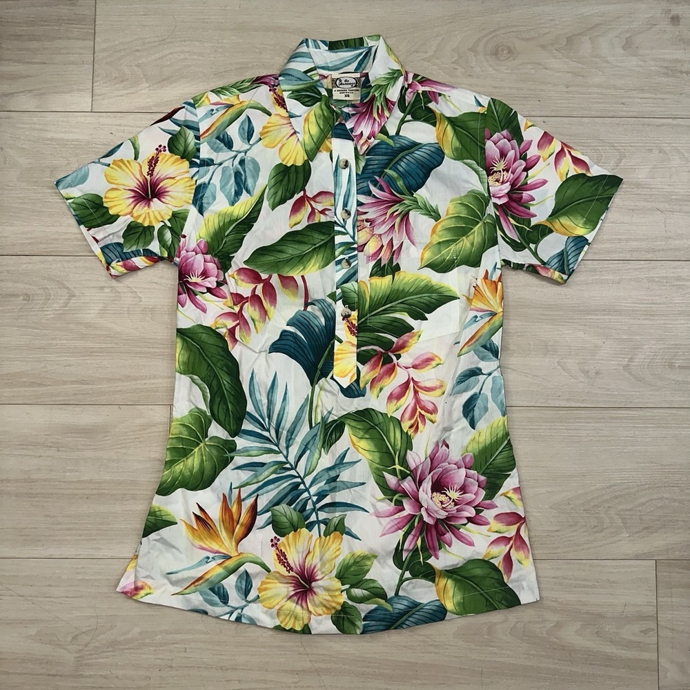 Vintage Go Barefoot Shirt Womens XS White Pink Floral Hawaiian Henley USA Made